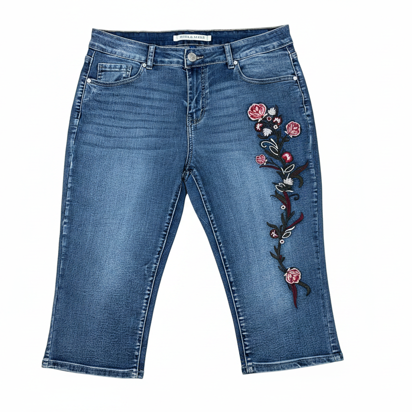 Women's PLUS SIZE Cropped Capri Floral  Embroidered Jean