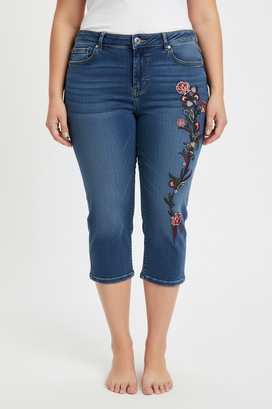 Womens PLUS SIZE Cropped Capri Embroidered Jean