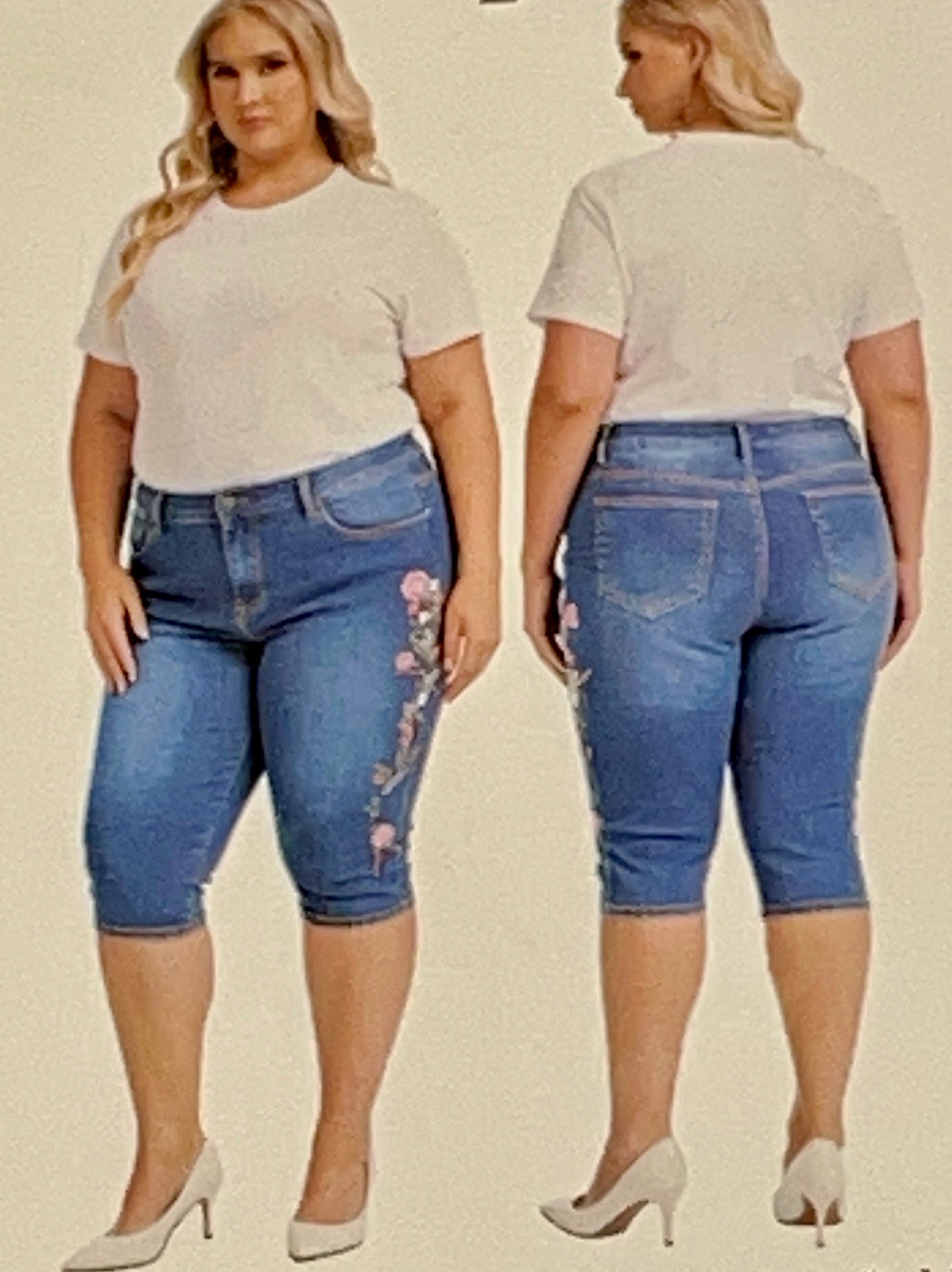Womens PLUS Cropped Capri Embroidered Jean