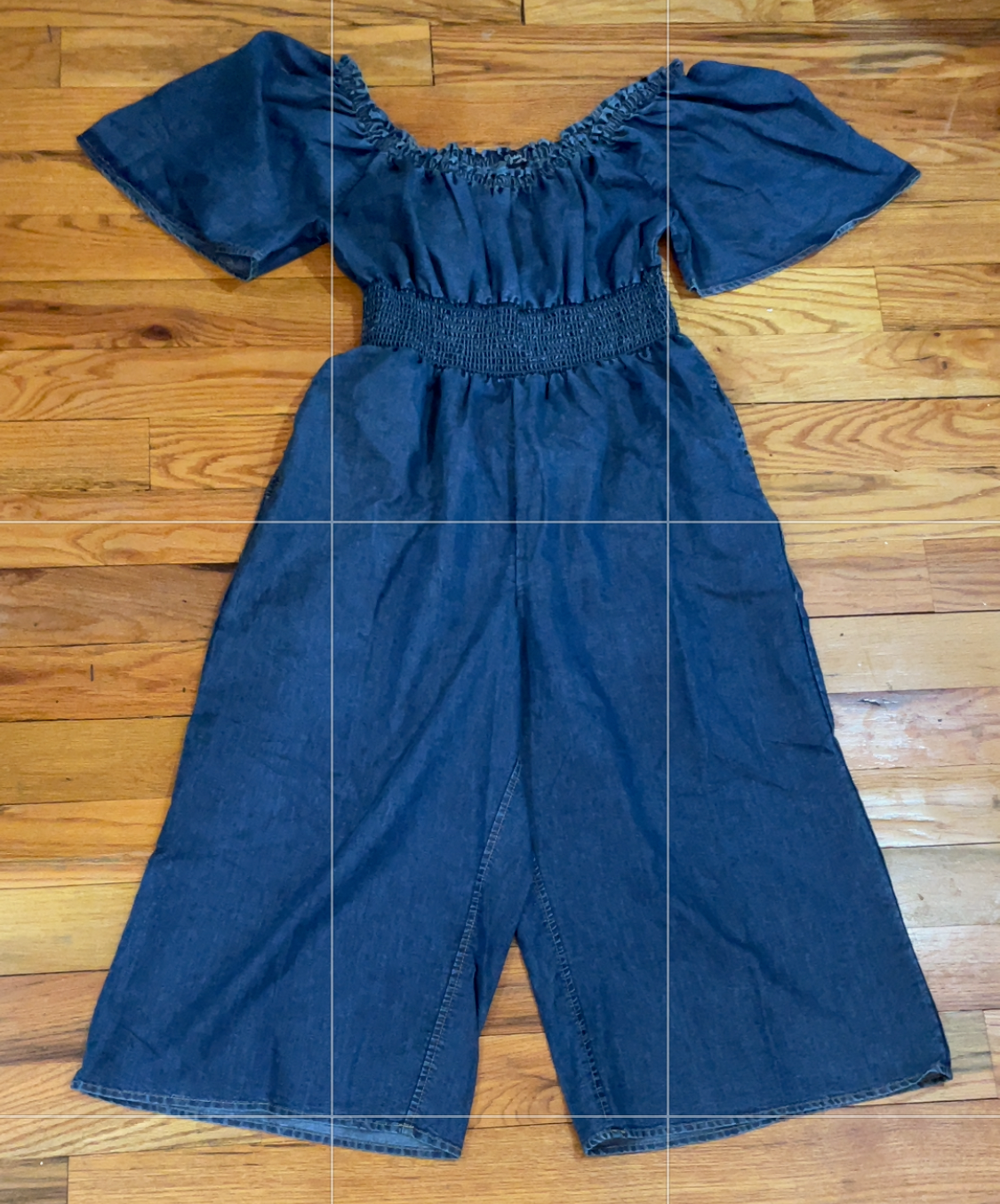 Women's PLUS Smoked Puff Sleeve Denim Look Jumpsuit