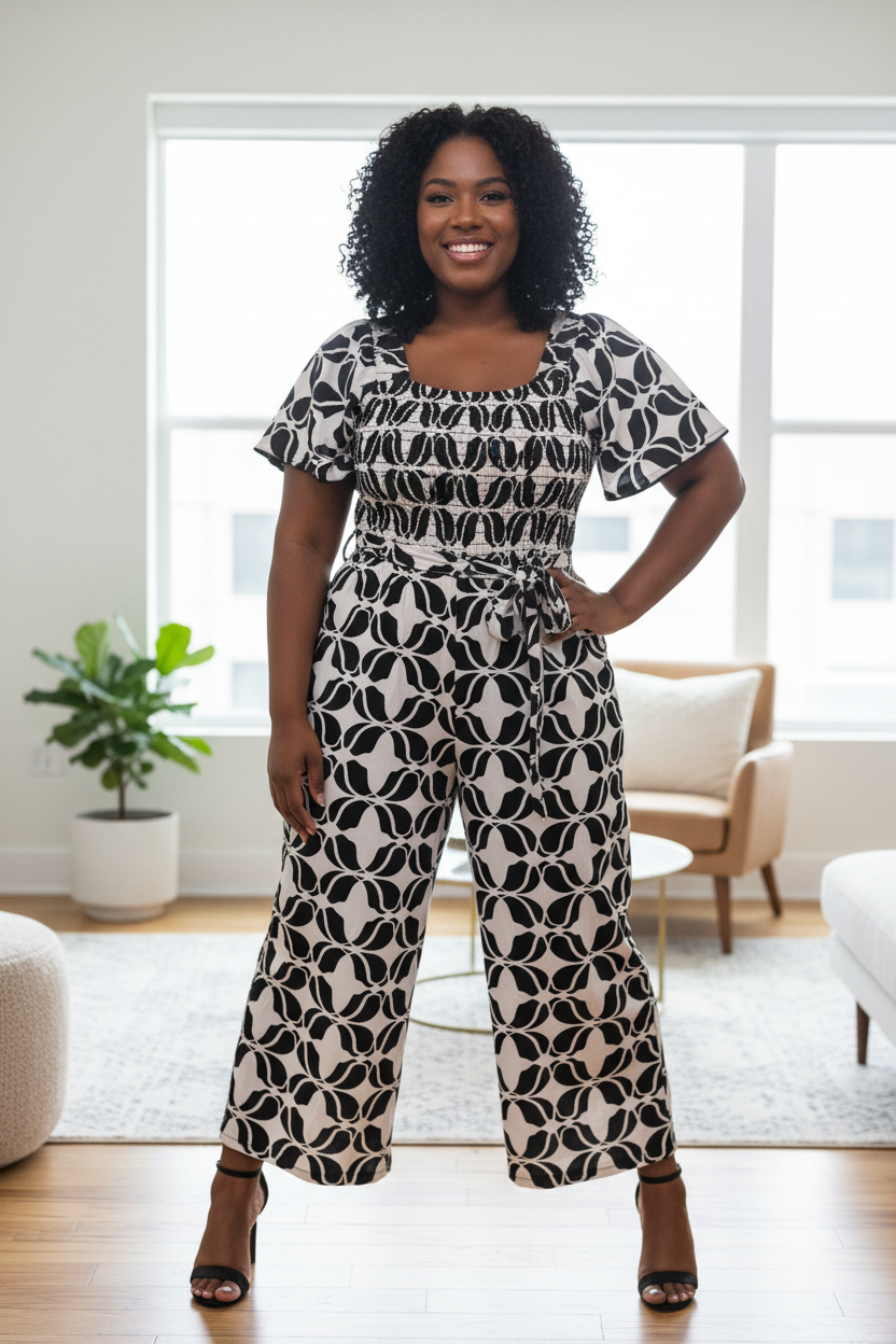 Women's PLUS Smoked Puff Sleeve Printed  Geometric Jumpsuit
