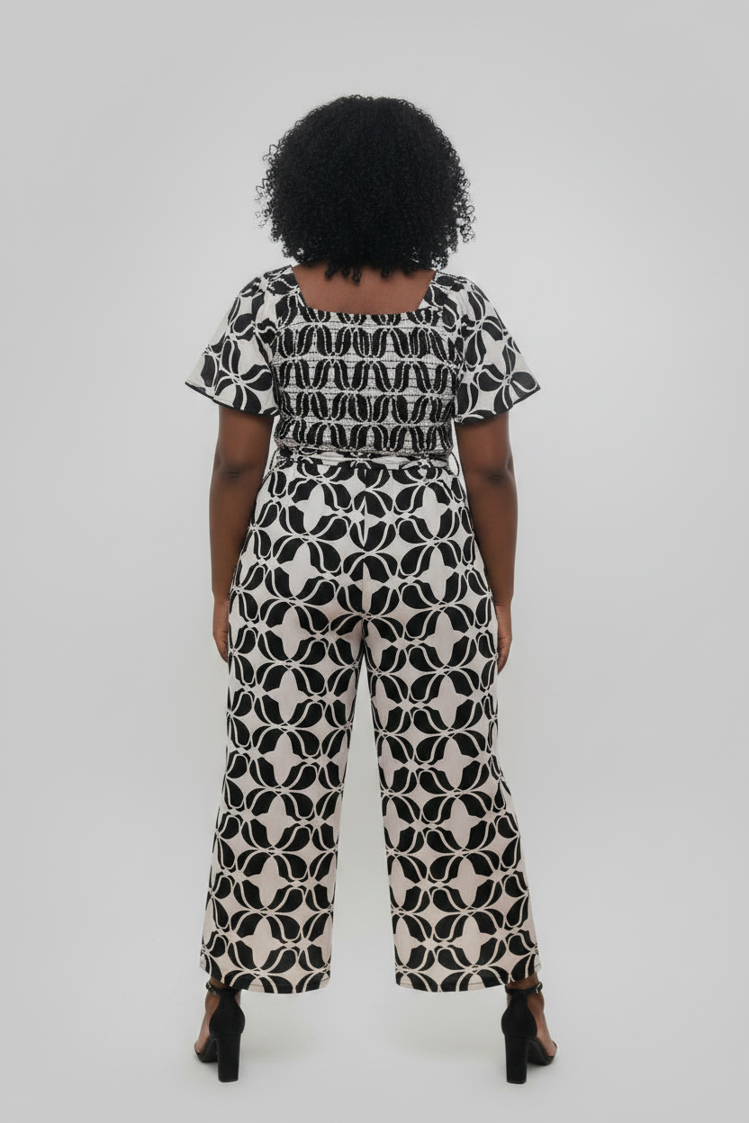Women's PLUS Smoked Puff Sleeve Printed  Geometric Jumpsuit