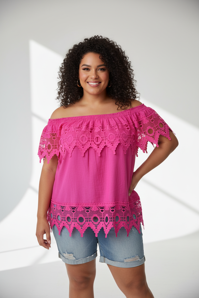 PLUS Size Women's Off shoulder embroidered Blouse Pink