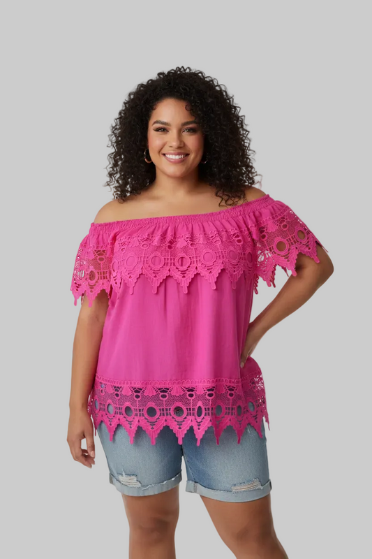 PLUS Size Women's Off shoulder embroidered Blouse Pink