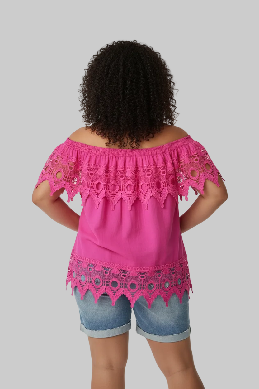 PLUS Size Women's Off shoulder embroidered Blouse Pink