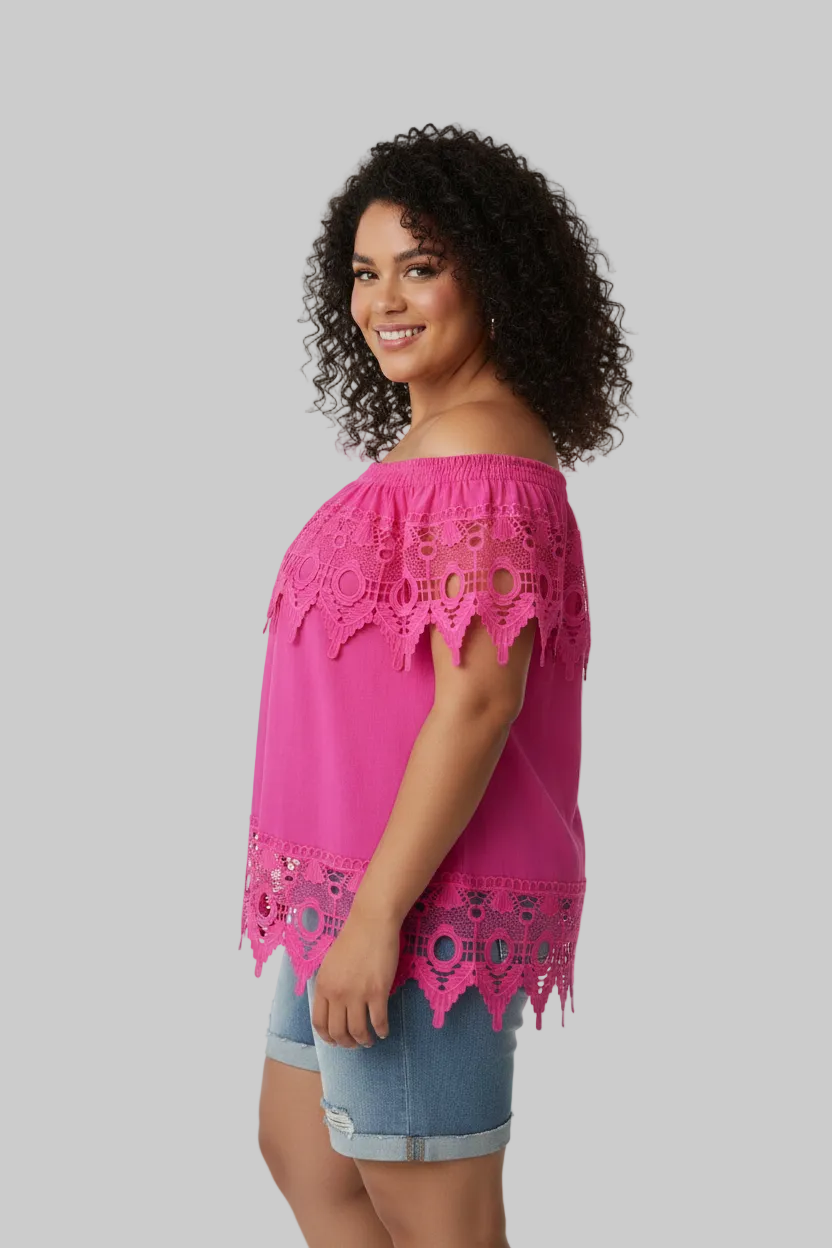 PLUS Size Women's Off shoulder embroidered Blouse Pink