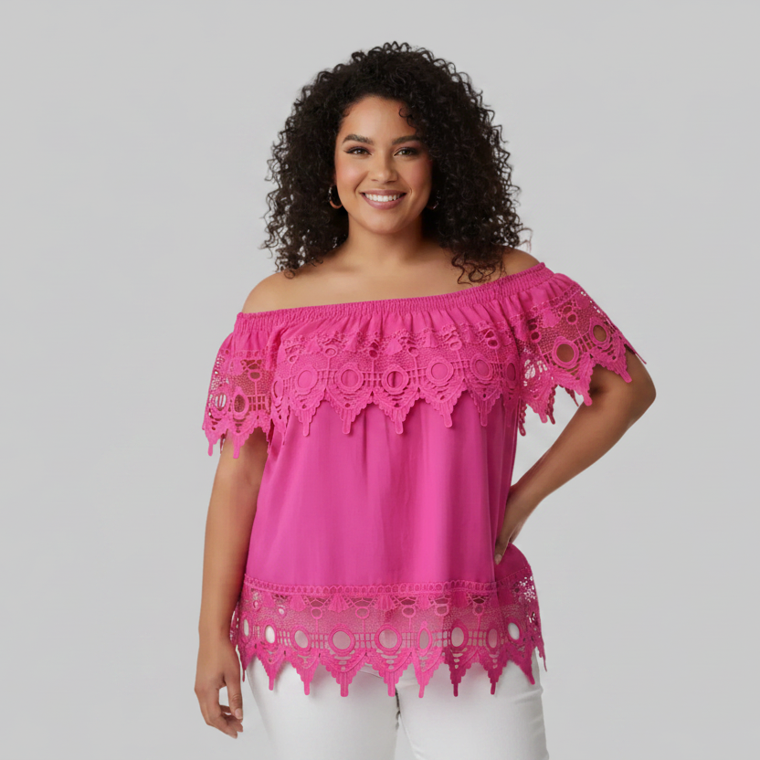 PLUS Size Women's Off shoulder embroidered Blouse Pink