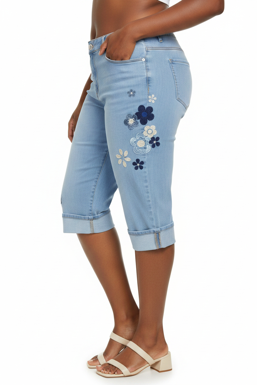 Women's PLUS SIZE Cropped Capri Embroidered Light Wash Jeans