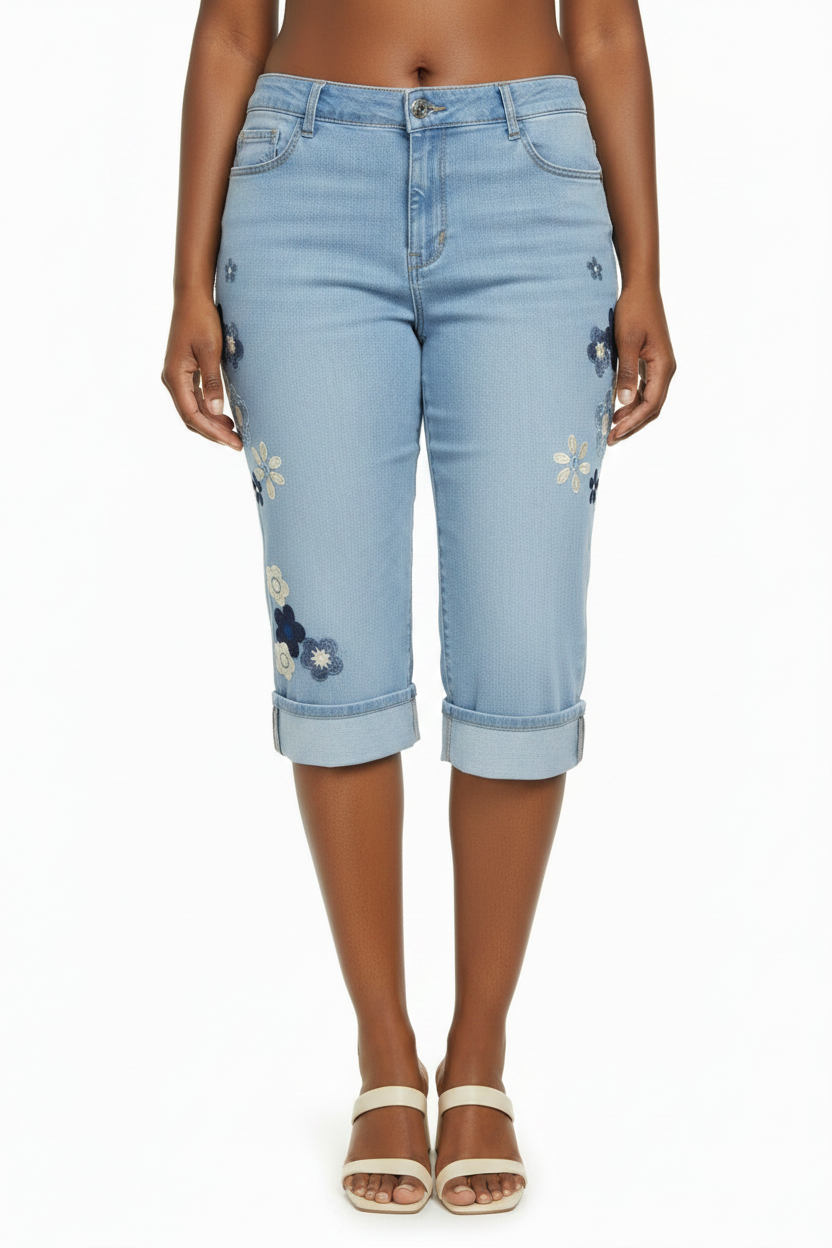 Women's PLUS SIZE Cropped Capri Embroidered Light Wash Jeans