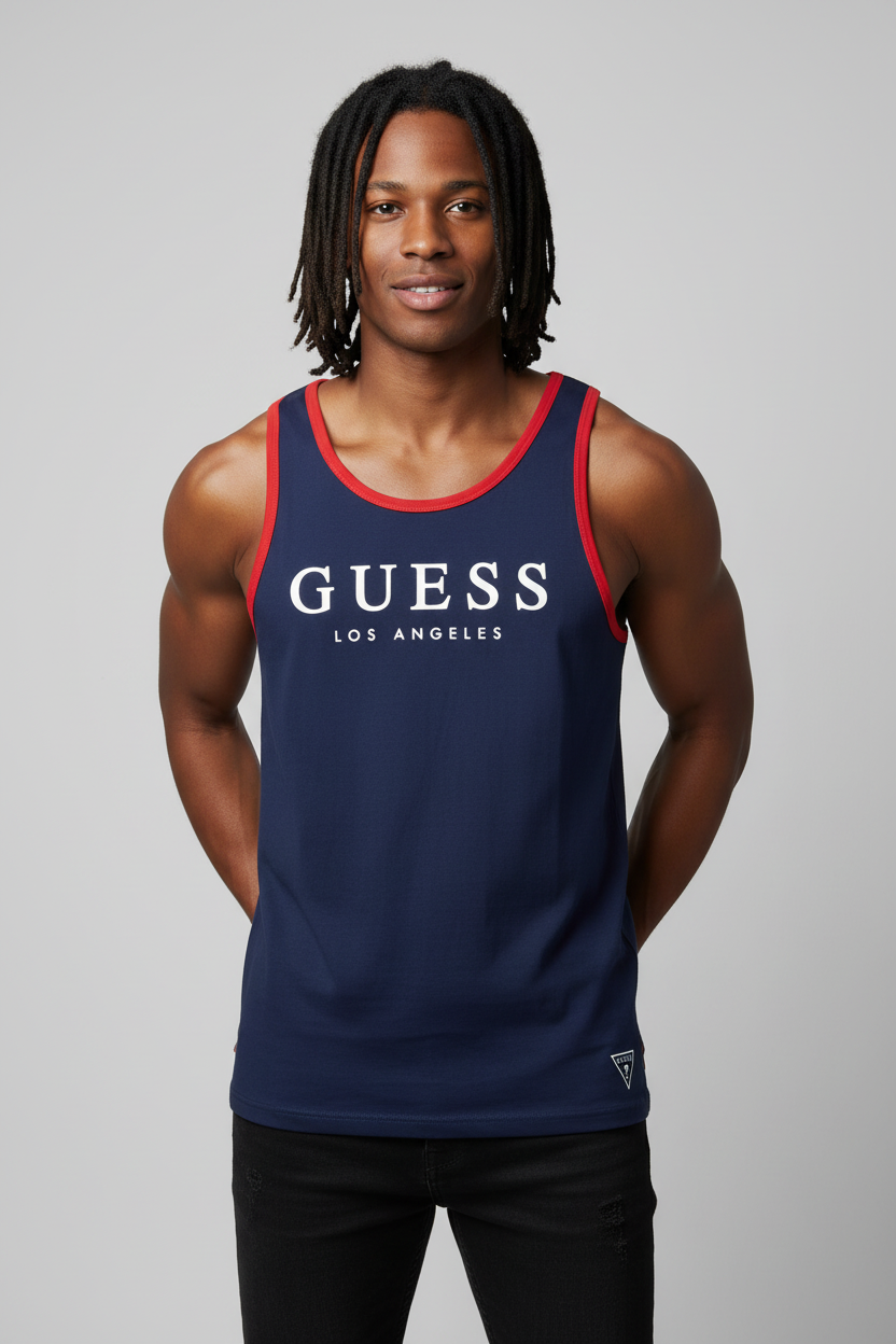 Men's GUESS Kirk Ringer  Embroidered Logo Tank Top NAVY BLUE