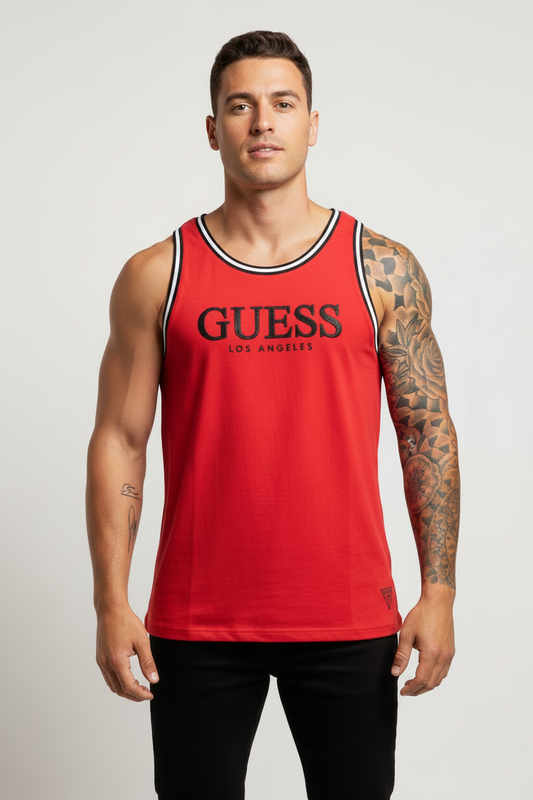 Men's GUESS Nikoli Yoko  Embroidered Logo Tank Top RED