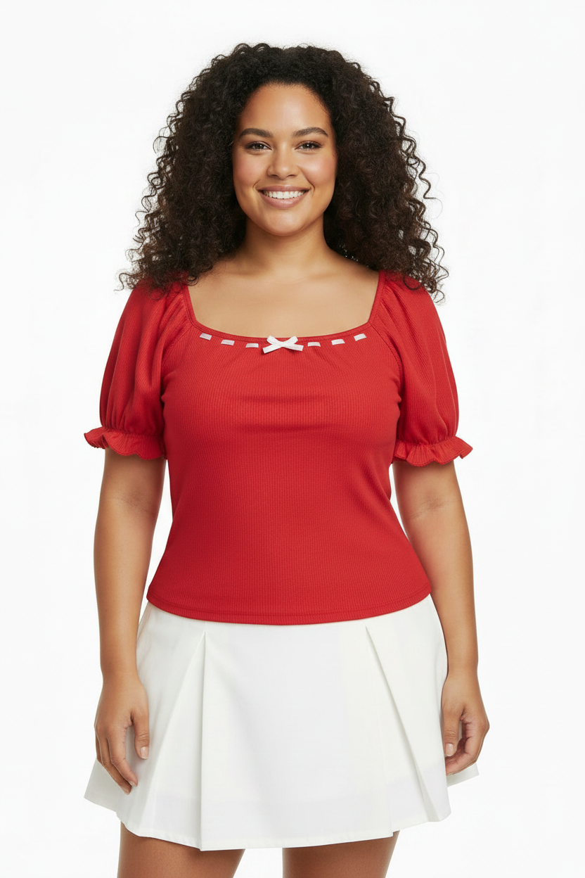 Women's PLUS SIZE Ribbon Ruffle Sleeve Blouse Shirt Red