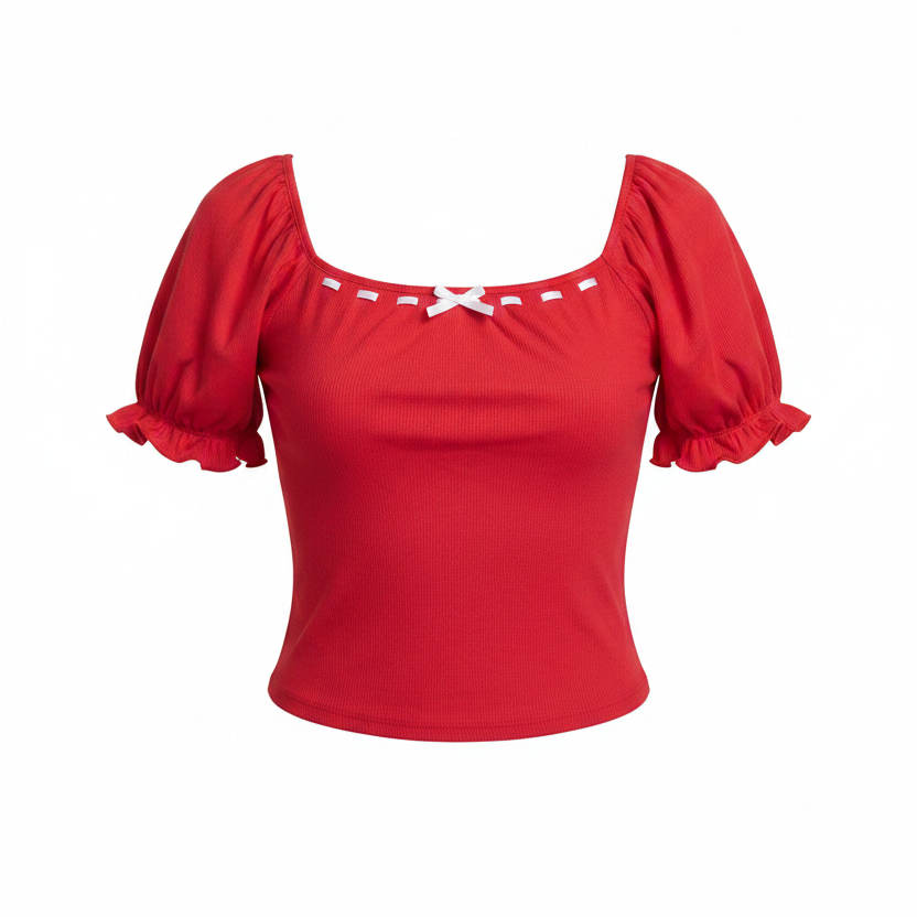 Women's PLUS SIZE Ribbon Ruffle Sleeve Blouse Shirt Red