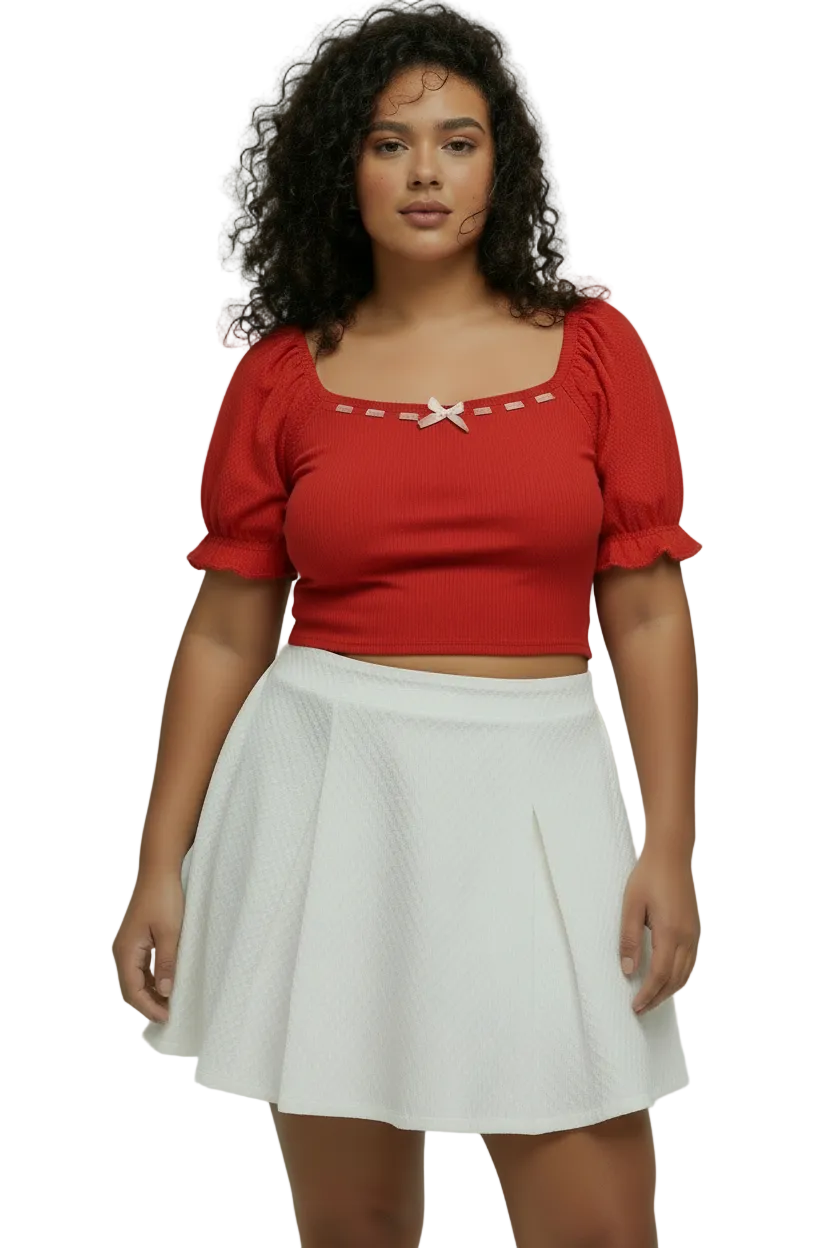 Women's PLUS SIZE Ribbon Ruffle Sleeve Blouse Shirt Red