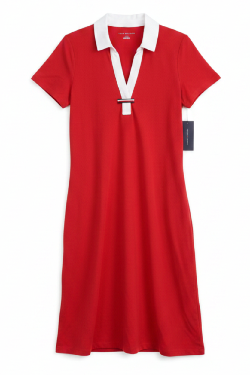 Women's Tommy Hilfiger Neck Chest Tag Logo short Polo Sleeve Shirt Dress
