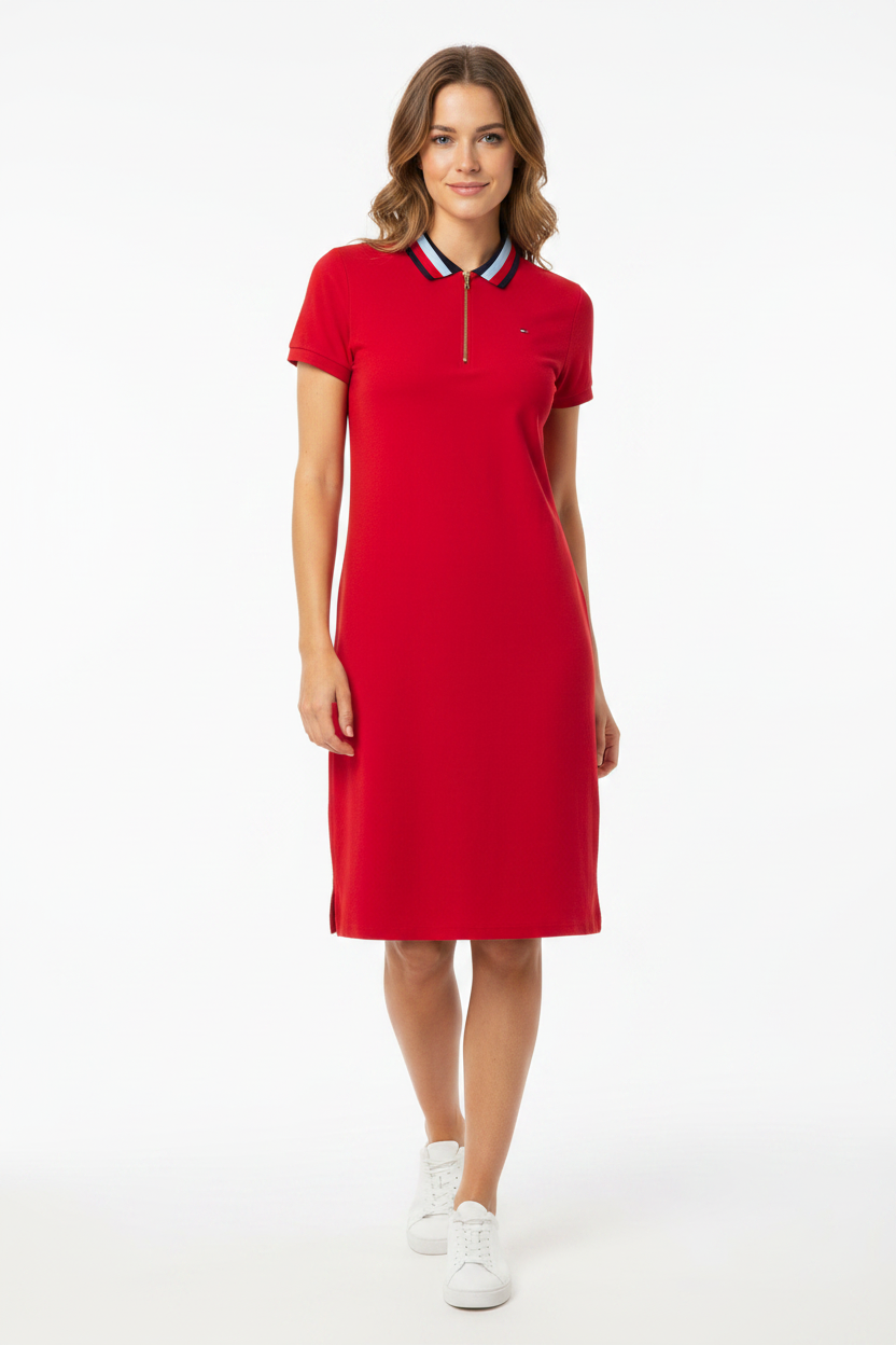 Women's Tommy Hilfiger Zip Front logo  Midi Polo Sleeve Shirt Dress