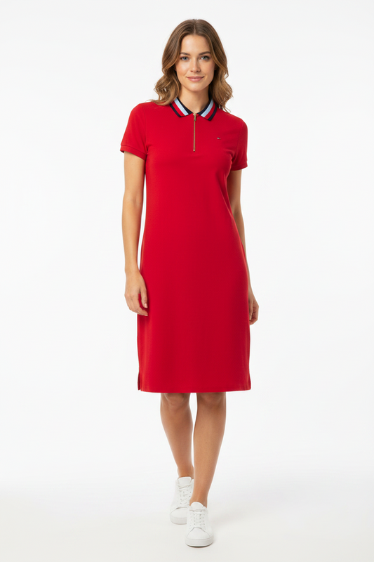 Women's Tommy Hilfiger Zip Front logo  Midi Polo Sleeve Shirt Dress