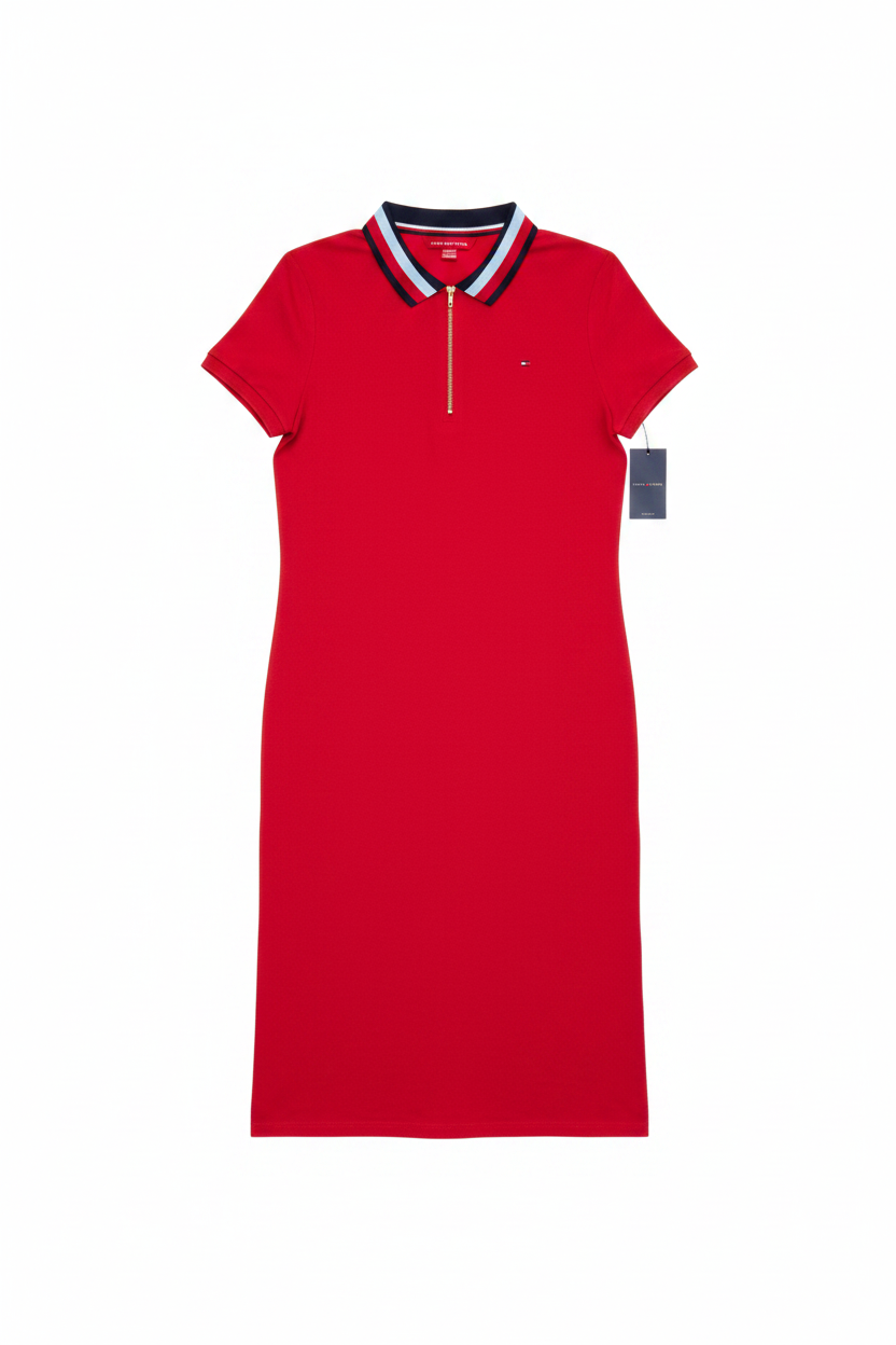 Women's Tommy Hilfiger Zip Front logo  Midi Polo Sleeve Shirt Dress