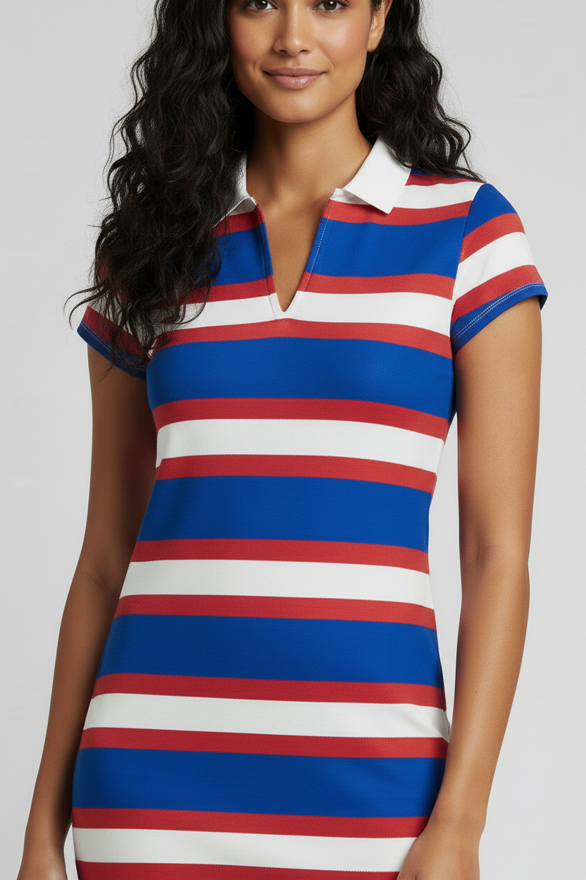 Women's Multi Stripe Polo Mini Short Sleeve Shirt Dress