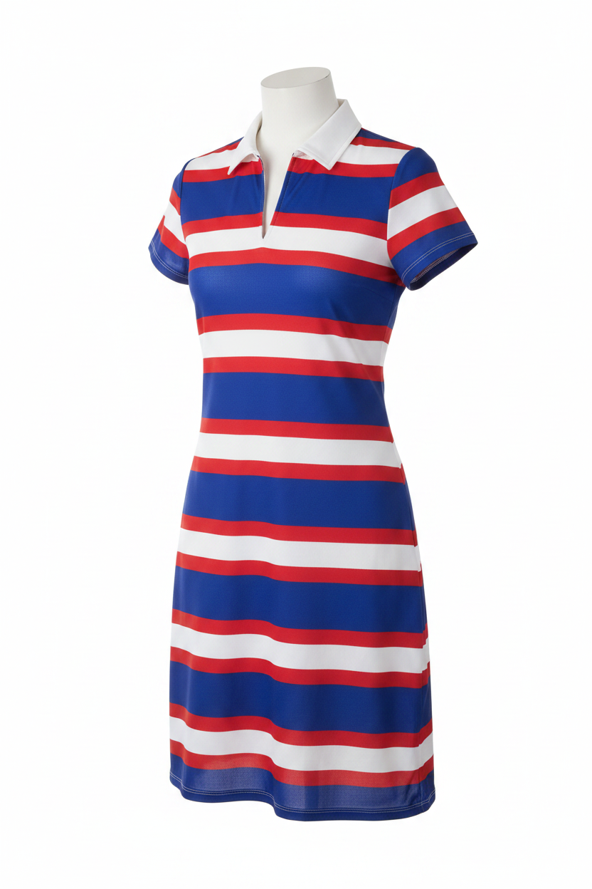 Women's Multi Stripe Polo Mini Short Sleeve Shirt Dress