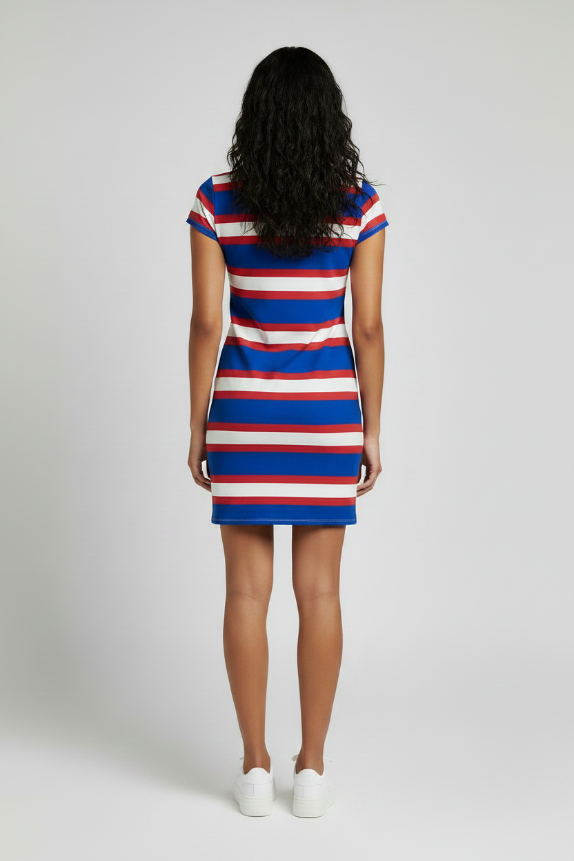 Women's Multi Stripe Polo Mini Short Sleeve Shirt Dress