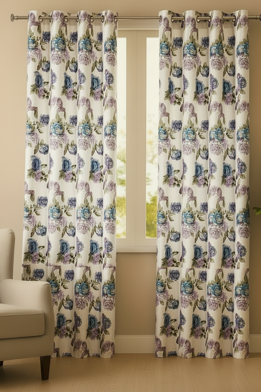 JILLIAN  Printed Floral flowers Pattern Panel Curtain  with 8 grommets Purple Beige