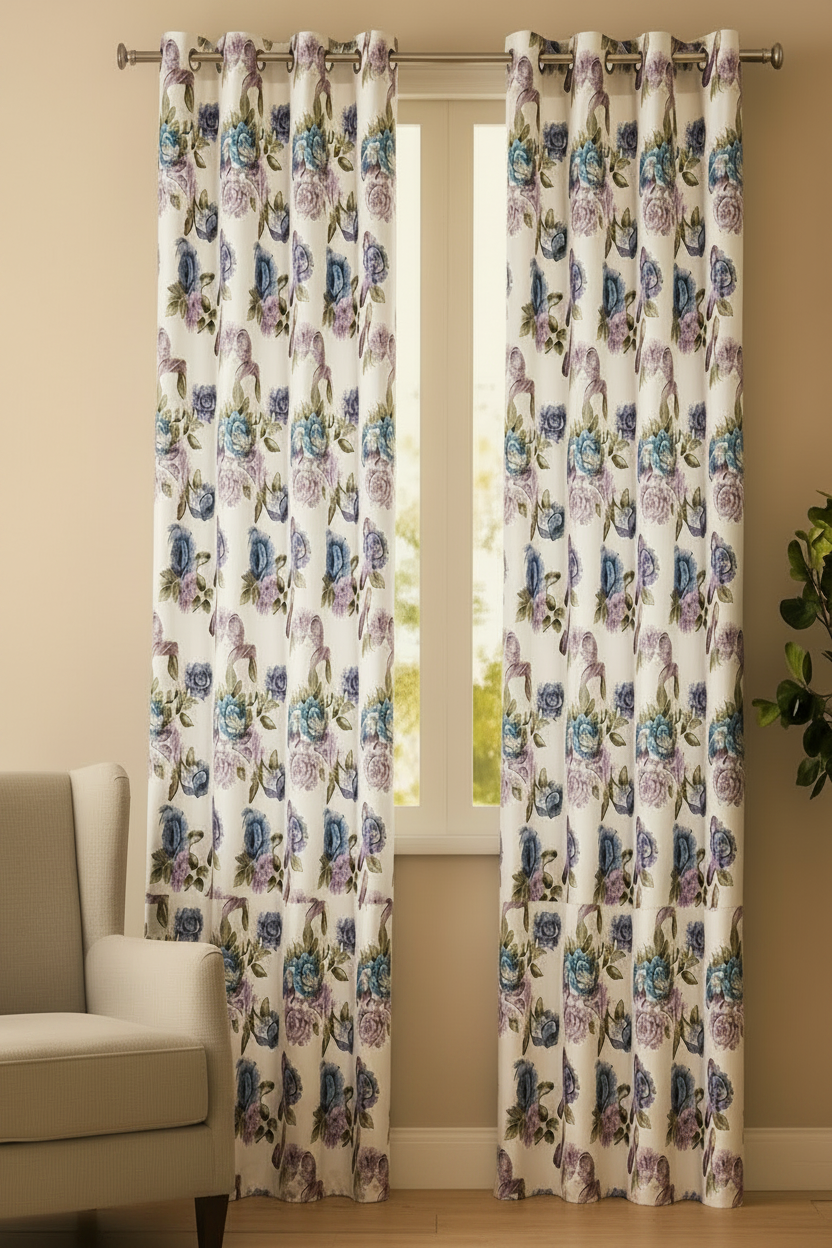 JILLIAN  Printed Floral flowers Pattern Panel Curtain  with 8 grommets Purple Beige