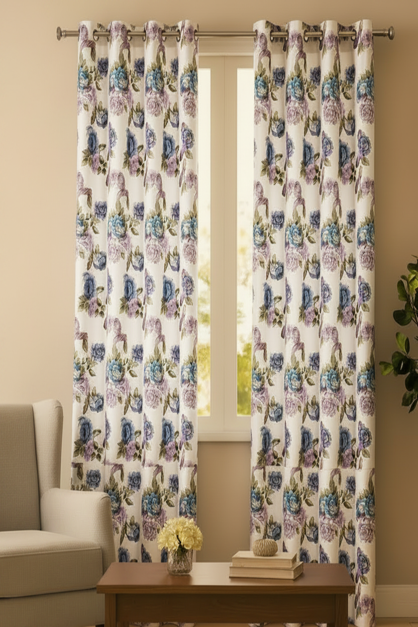 JILLIAN  Printed Floral flowers Pattern Panel Curtain  with 8 grommets Purple Beige
