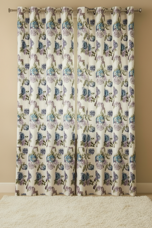 JILLIAN  Printed Floral flowers Pattern Panel Curtain  with 8 grommets Purple Beige