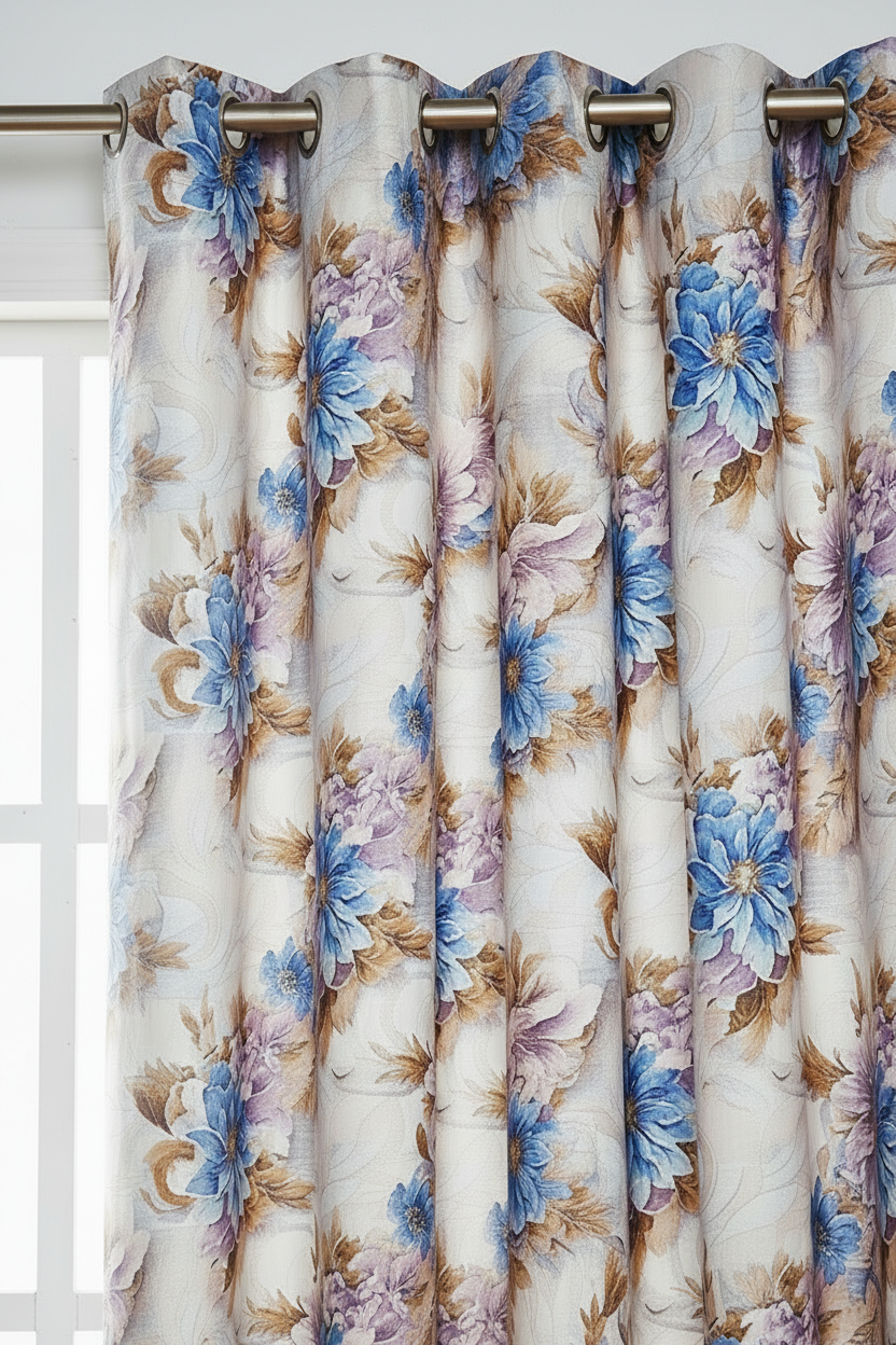 HEATHER BOTANICAL FLOWER PURPLE - BLUE Printed Grommet Panel Curtain