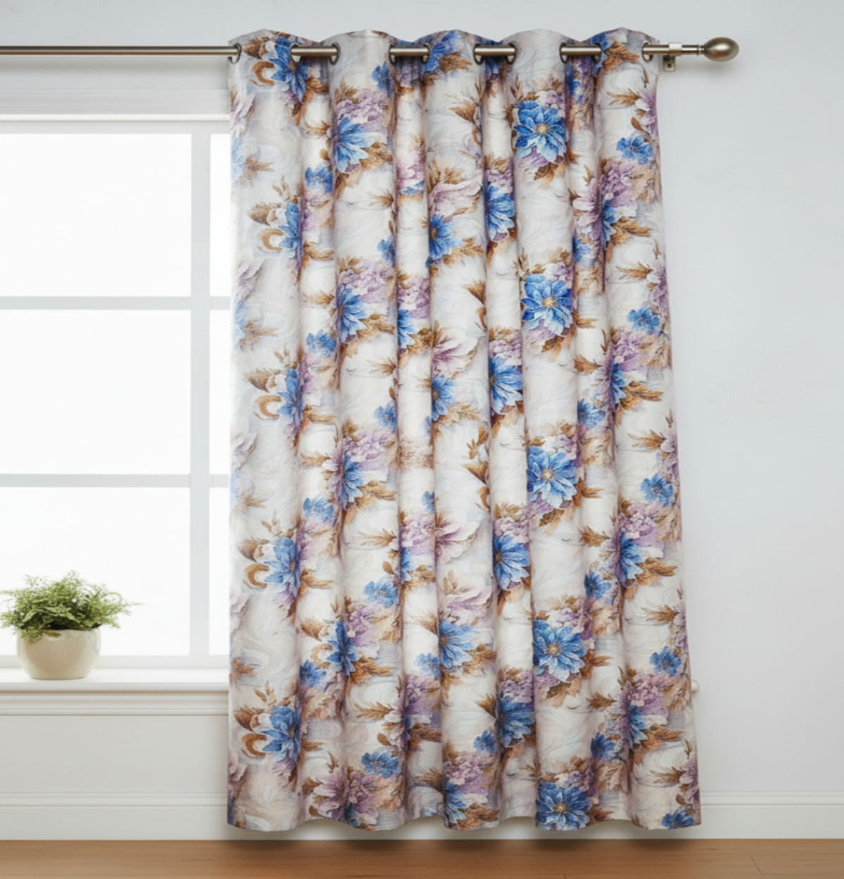 HEATHER BOTANICAL FLOWER PURPLE - BLUE Printed Grommet Panel Curtain