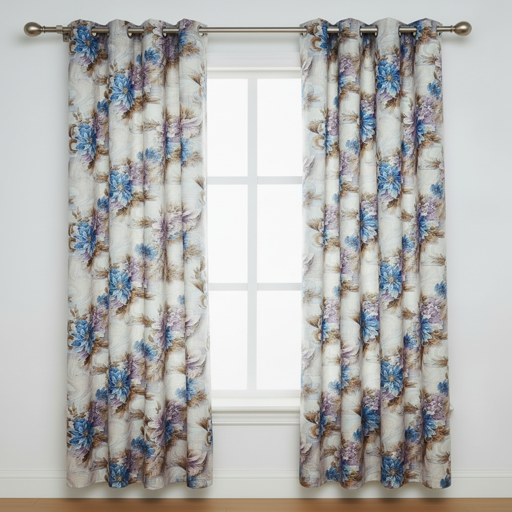 HEATHER BOTANICAL FLOWER PURPLE - BLUE Printed Grommet Panel Curtain