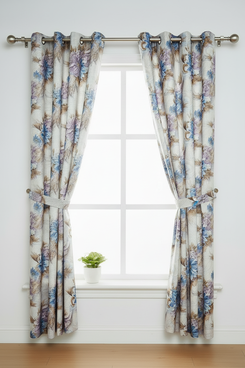 HEATHER BOTANICAL FLOWER PURPLE - BLUE Printed Grommet Panel Curtain