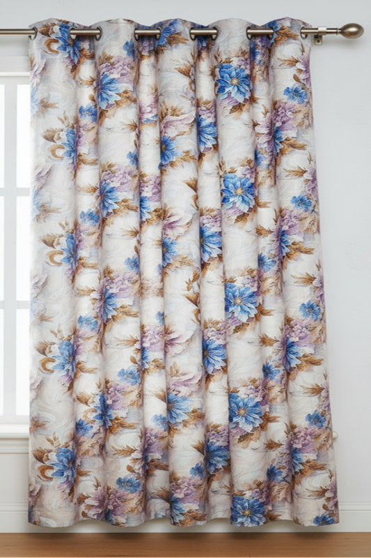 HEATHER BOTANICAL FLOWER PURPLE - BLUE Printed Grommet Panel Curtain