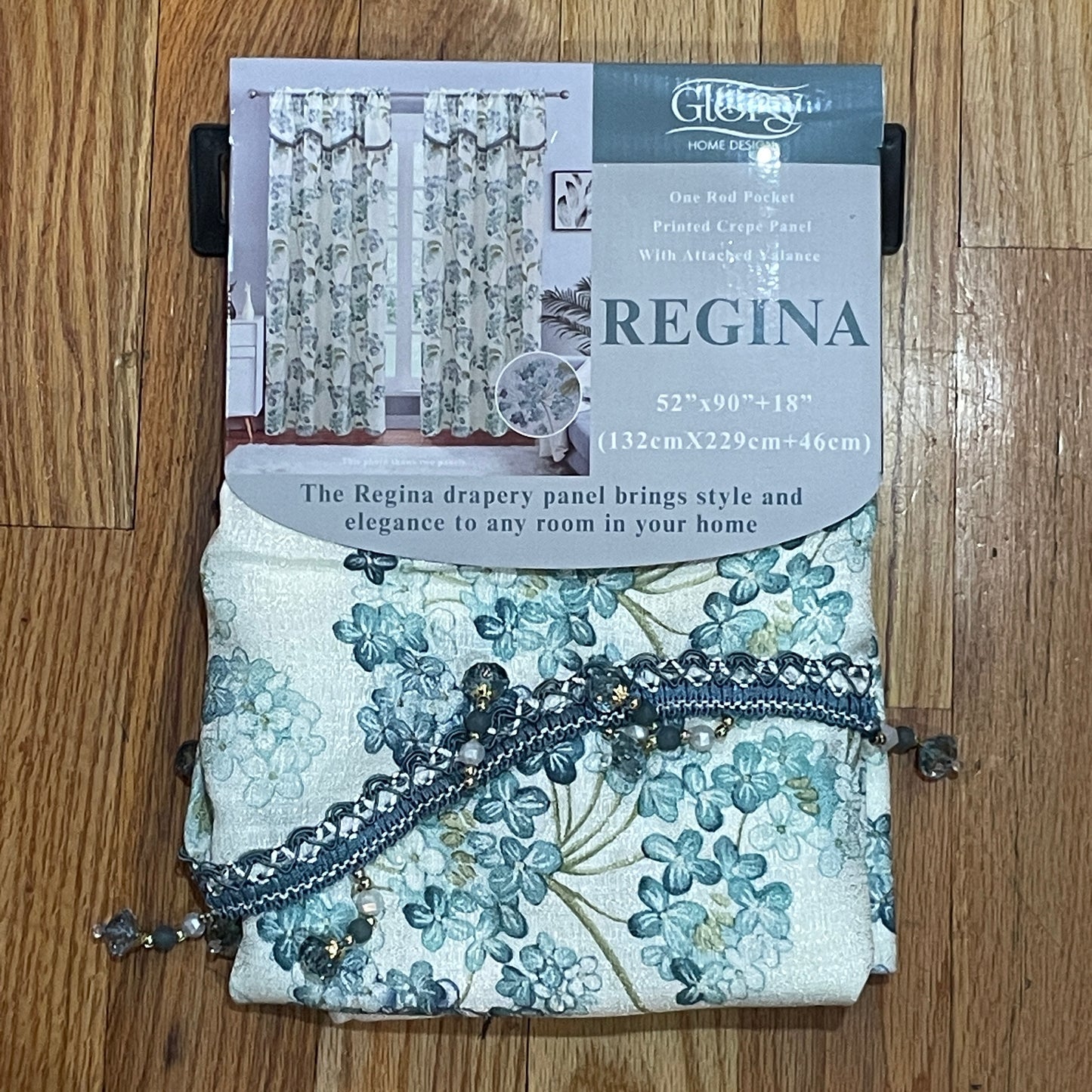 REGINA Print Crepe Rod Pocket Panel with Attached Valance BLUE