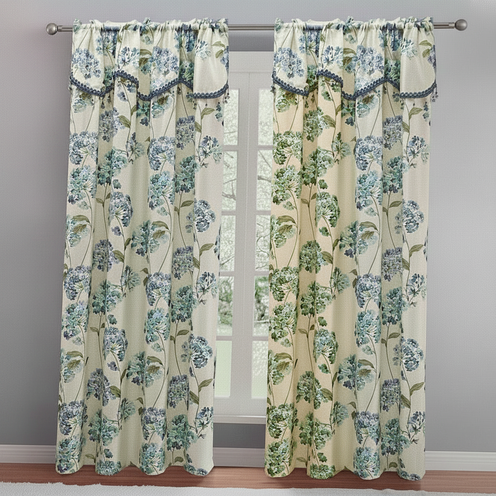 REGINA Print Crepe Rod Pocket Panel with Attached Valance BLUE
