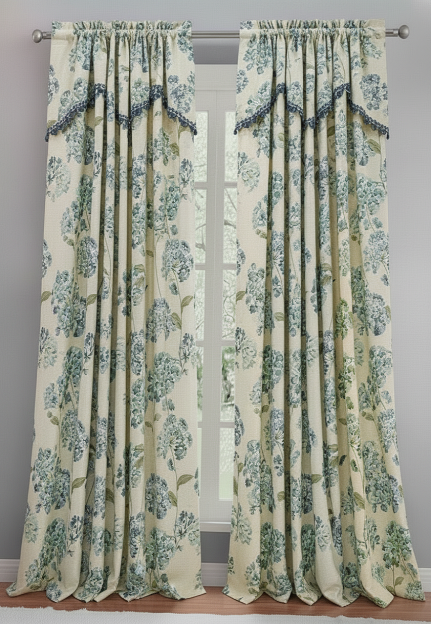 REGINA Print Crepe Rod Pocket Panel with Attached Valance BLUE