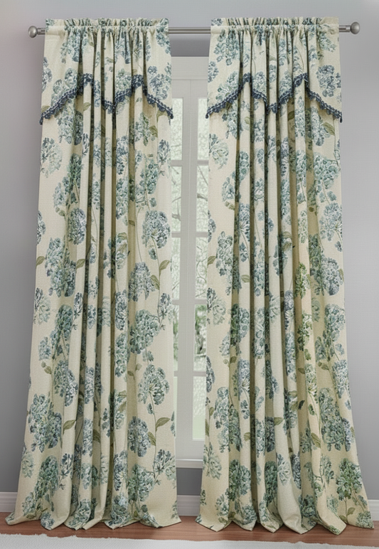 REGINA Print Crepe Rod Pocket Panel with Attached Valance BLUE
