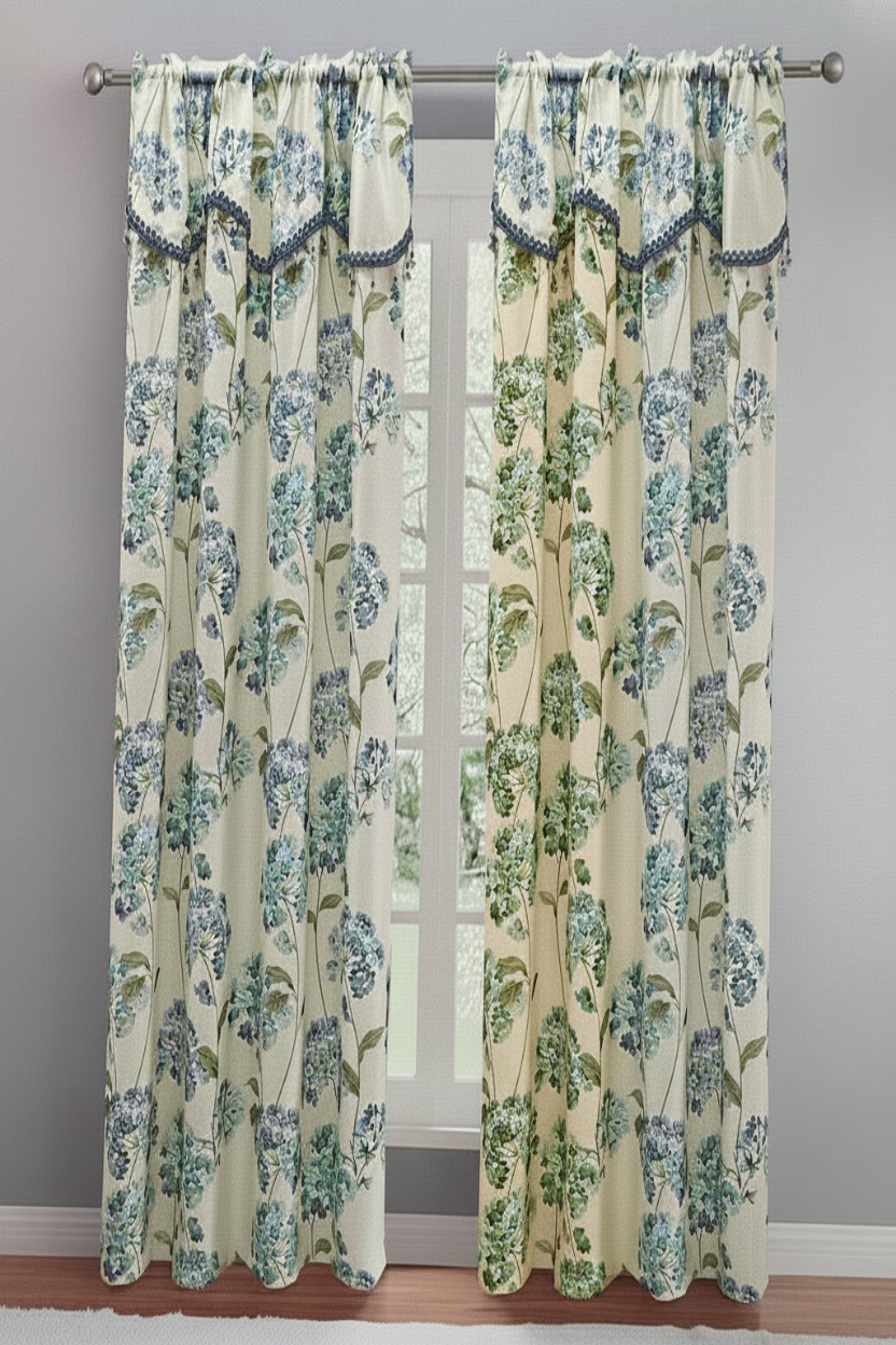 REGINA Print Crepe Rod Pocket Panel with Attached Valance BLUE