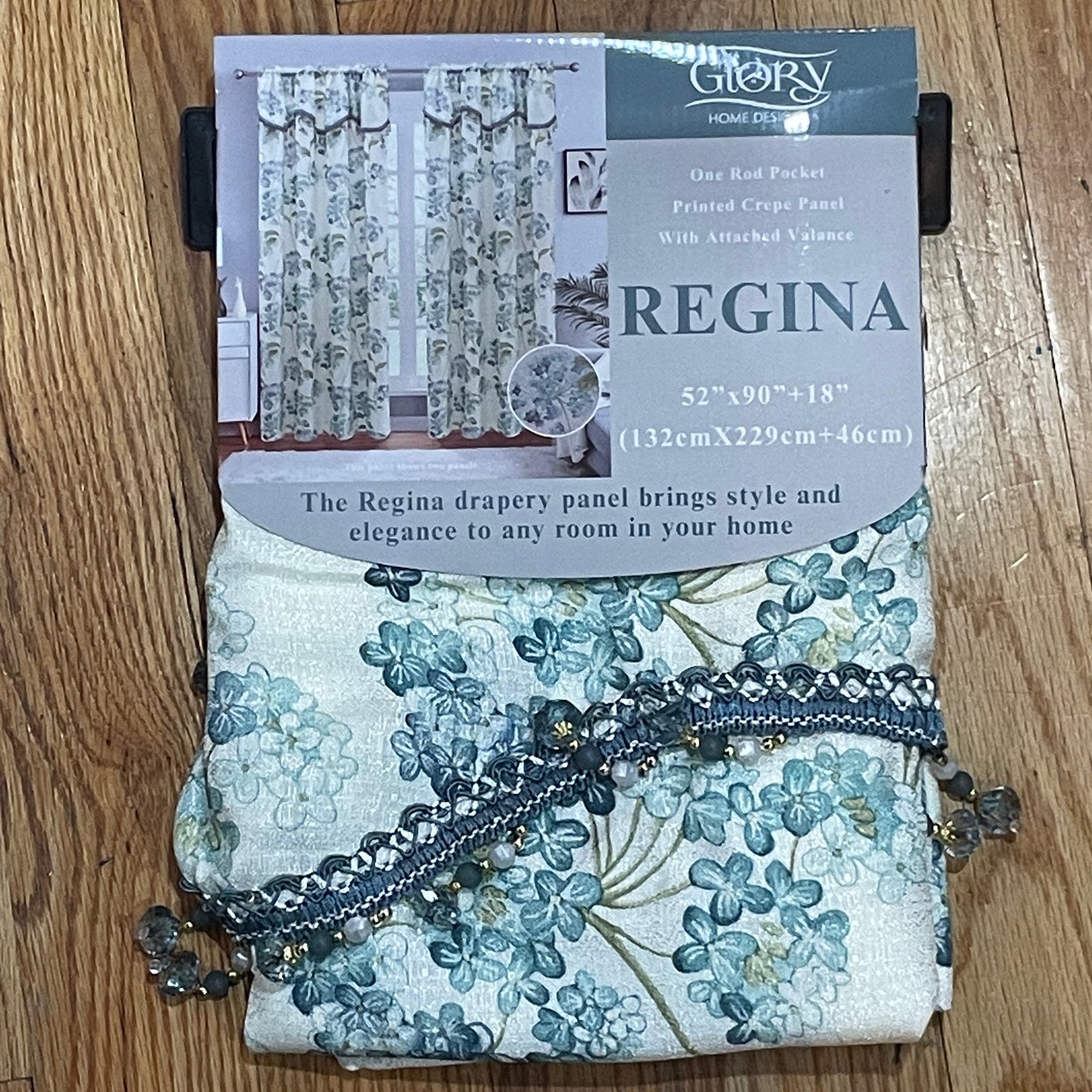 REGINA Print Crepe Rod Pocket Panel with Attached Valance BLUE