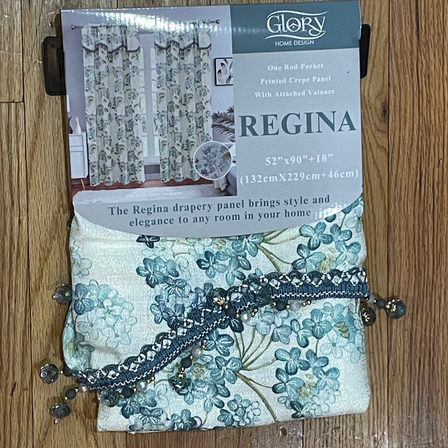 REGINA Print Crepe Rod Pocket Panel with Attached Valance BLUE
