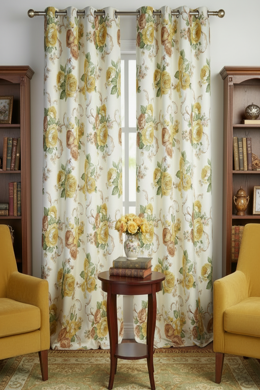 HEATHER Printed Floral Pattern Panel Curtain  with 8 grommets Beige
