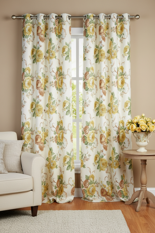 HEATHER Printed Floral Pattern Panel Curtain  with 8 grommets Beige