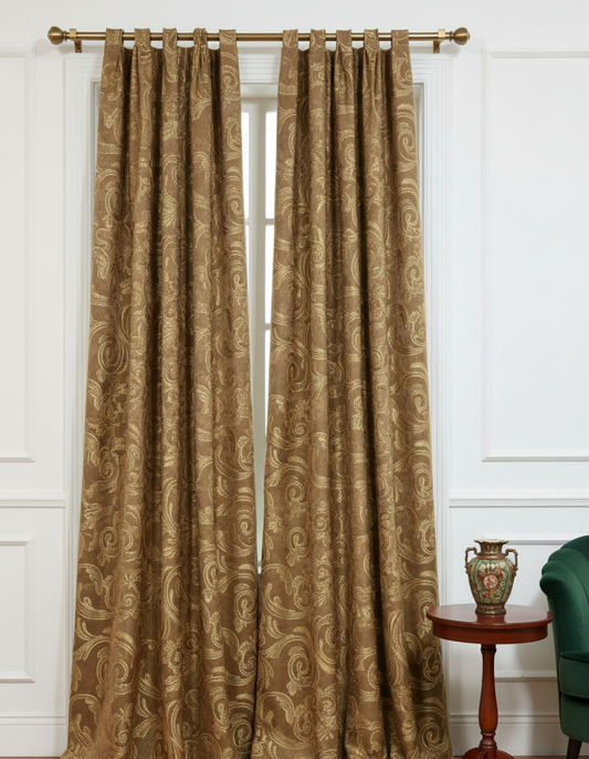 DANIELLE GOLD BRONZE SCROLL Metallic Jacquard  Print Grommet Panel Curtain