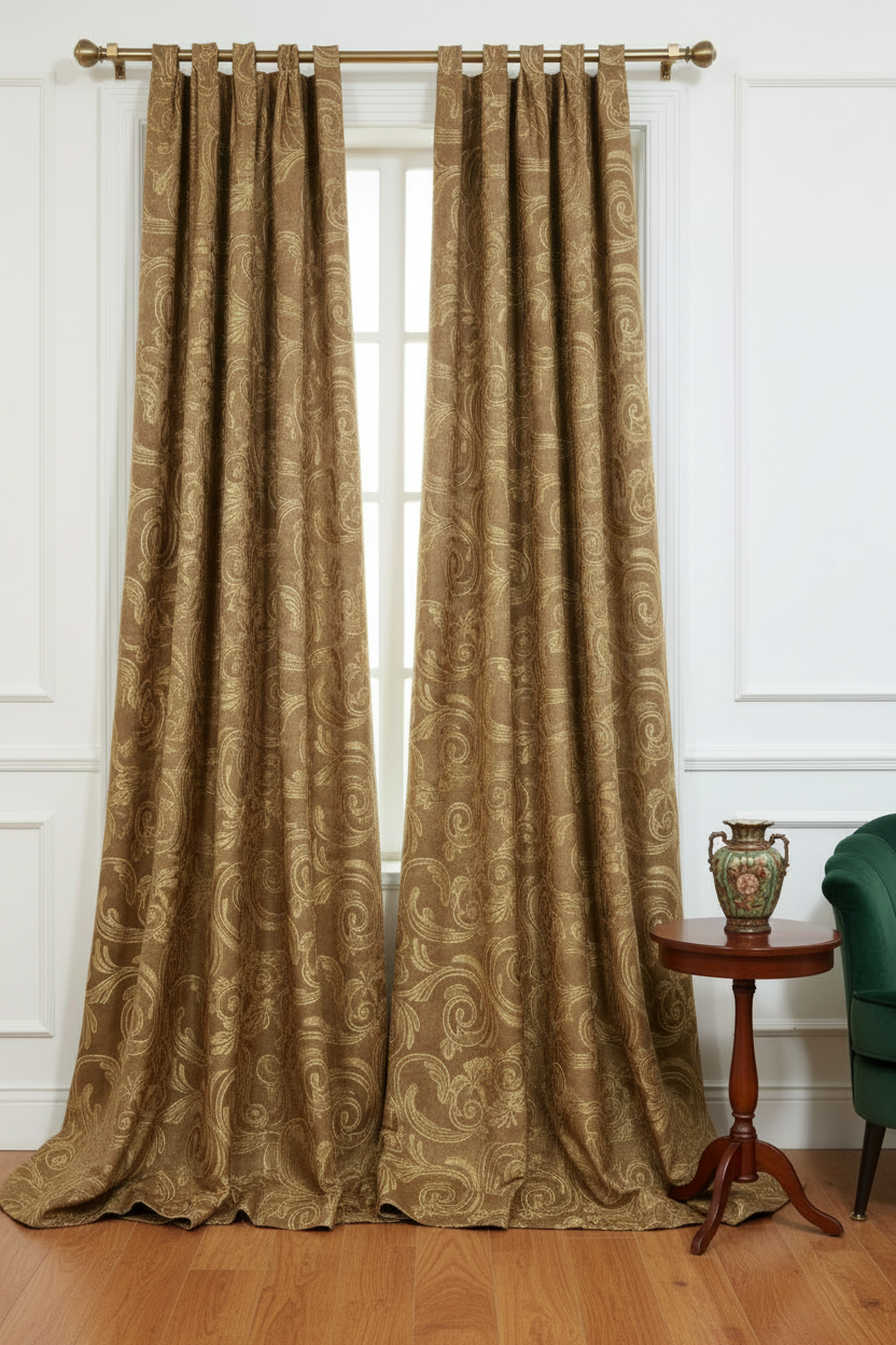 DANIELLE GOLD BRONZE SCROLL Metallic Jacquard  Print Grommet Panel Curtain