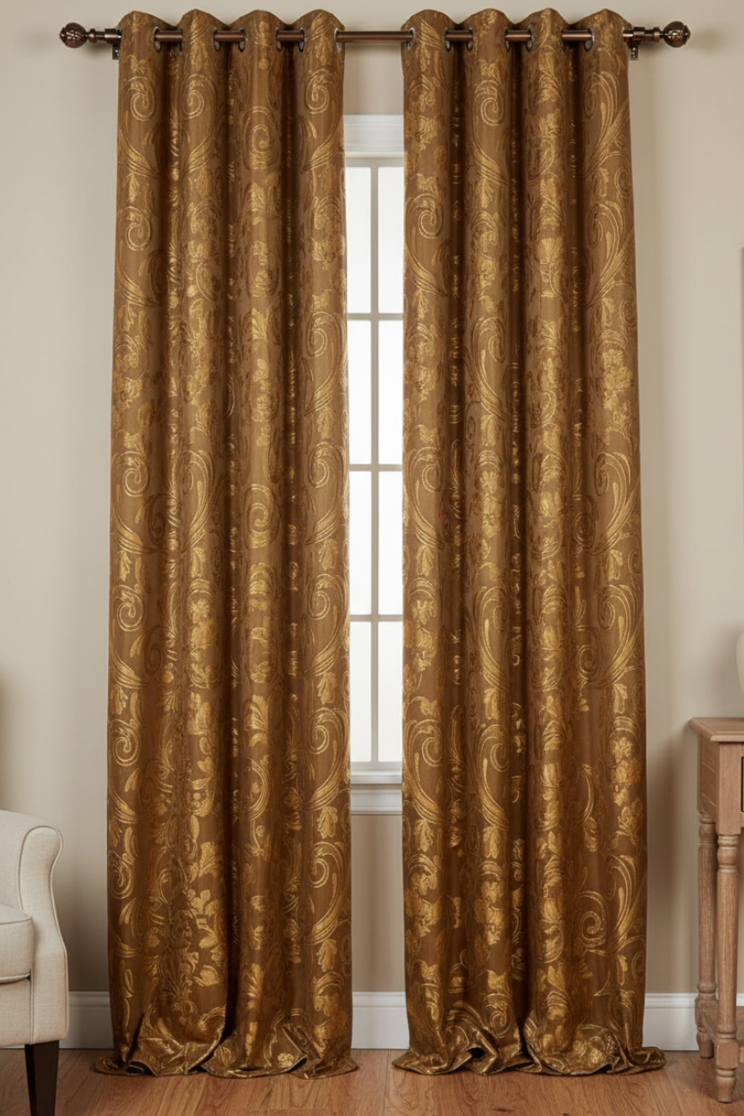 DANIELLE GOLD BRONZE SCROLL Metallic Jacquard  Print Grommet Panel Curtain