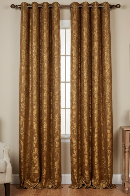 DANIELLE GOLD BRONZE SCROLL Metallic Jacquard  Print Grommet Panel Curtain