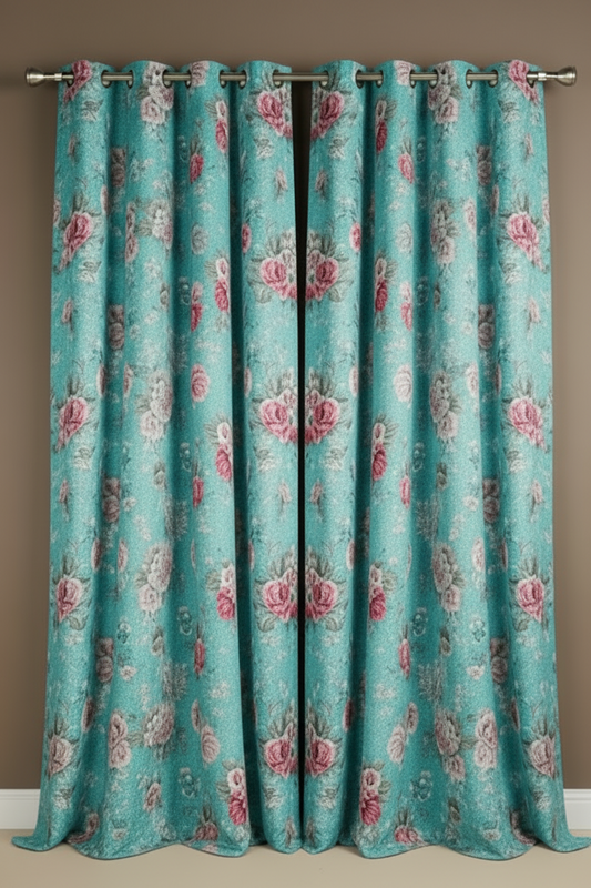 HEATHER TEAL TURQUOISE FLOWER Thick Black Out  Printed Grommet Panel Curtain