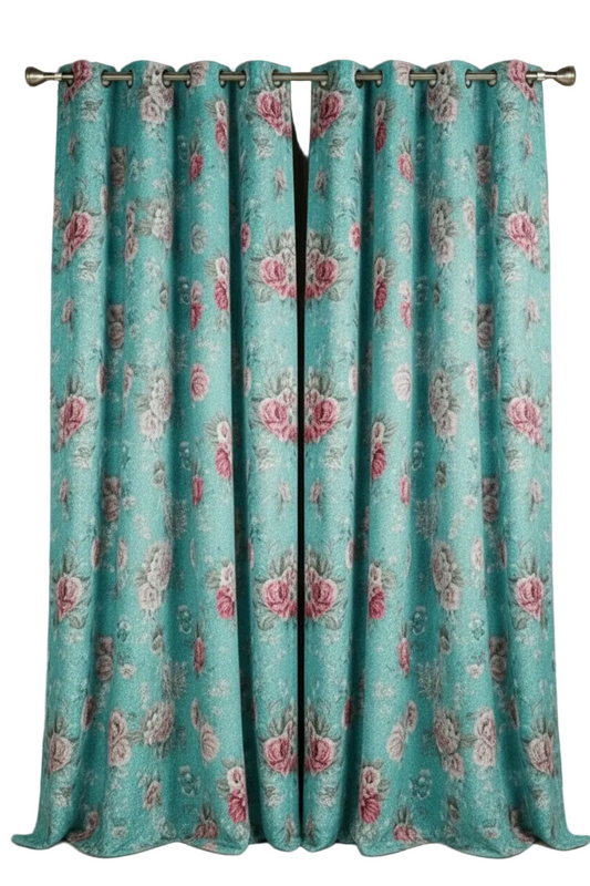 HEATHER TEAL TURQUOISE FLOWER Thick Black Out  Printed Grommet Panel Curtain