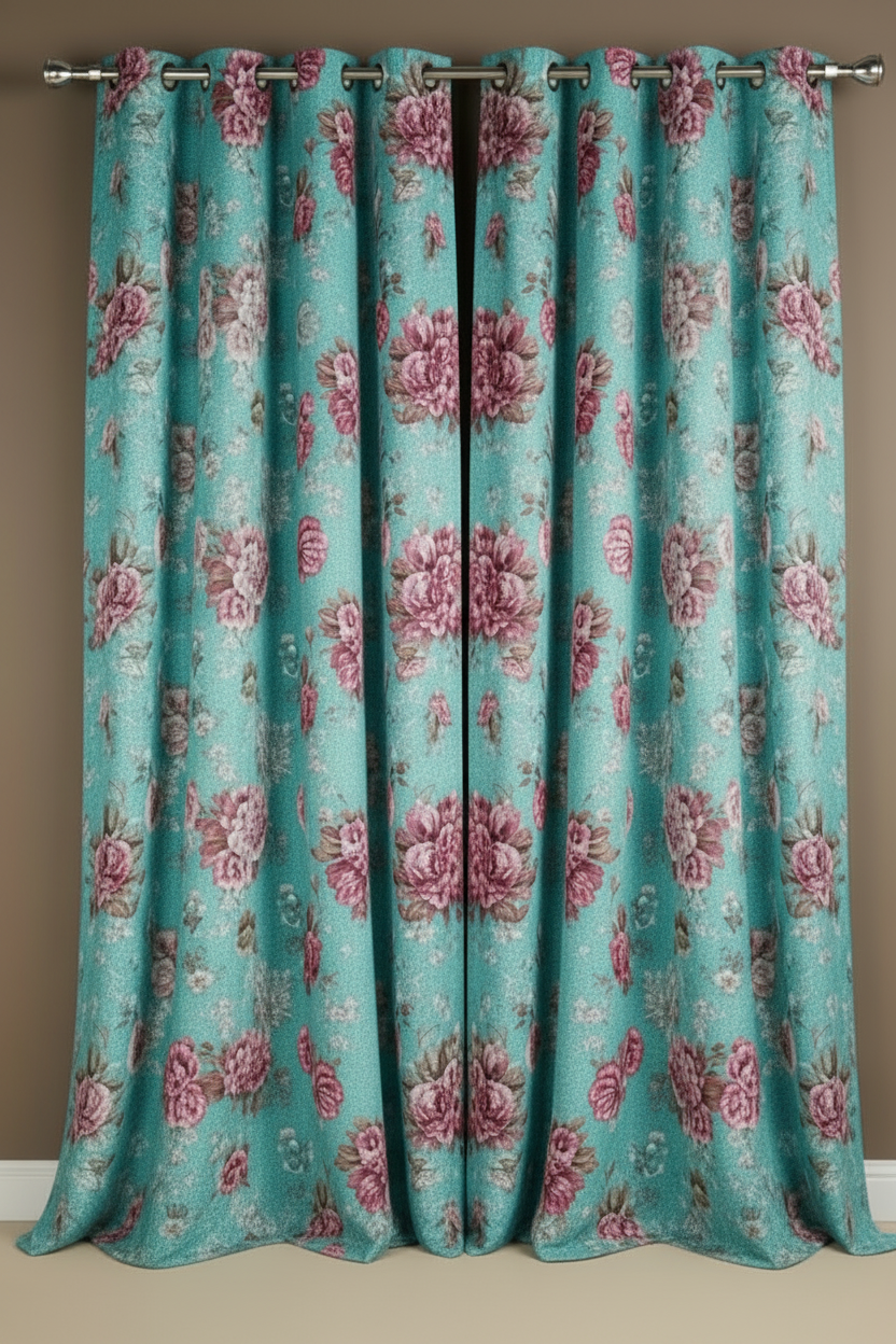 HEATHER TEAL TURQUOISE FLOWER Thick Black Out  Printed Grommet Panel Curtain